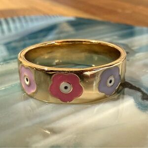 18k Gold Plated Floral Ring with Pink and Purple Enamel Accents